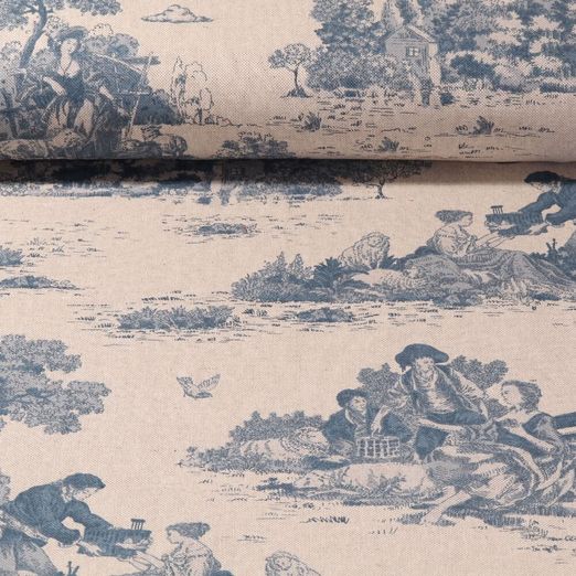 Toile canevas - Toile de Jouy Effet lin Renaissance Beige Bleu