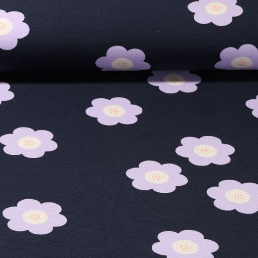 Sweat été - French Terry Grandes fleurs Bleu marine foncé Structure à boucles