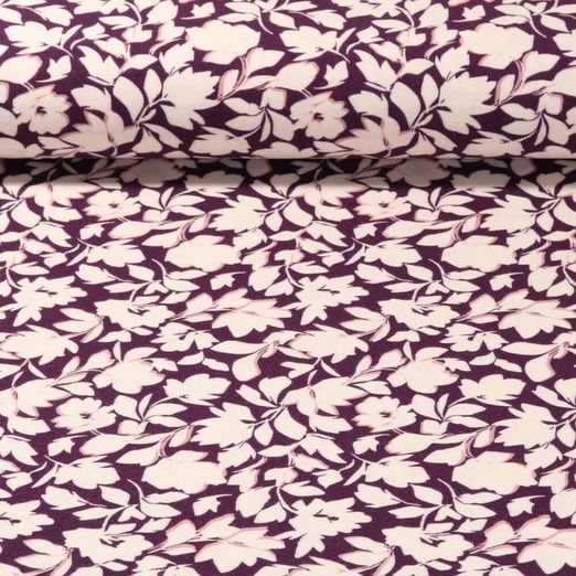 Jersey viscose Bambou - Feuilles et Fleurs Aubergine