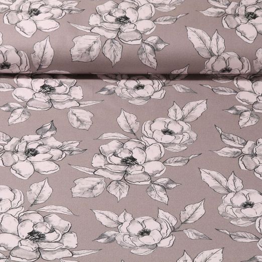Toile de coton - Impression digitale Grandes fleurs Taupe