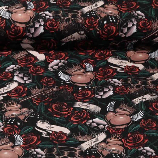 Sweat été - French Terry Impression digitale Coeurs Ailes Roses Noir Structure à boucles