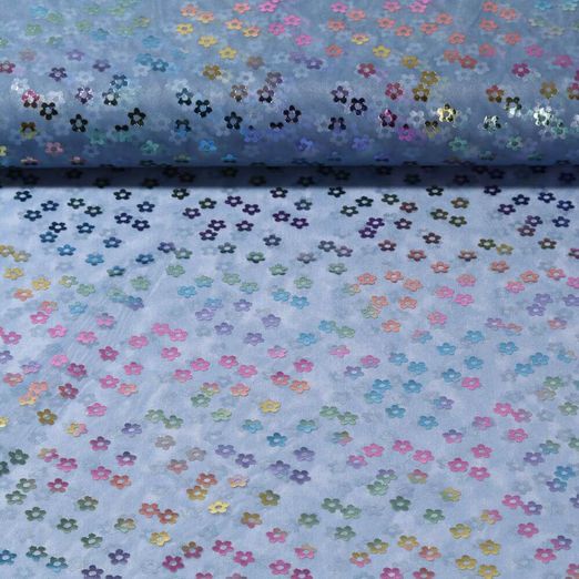 Tulle souple - Fleurs arc-en-ciel Impression sur film Bleu jeans
