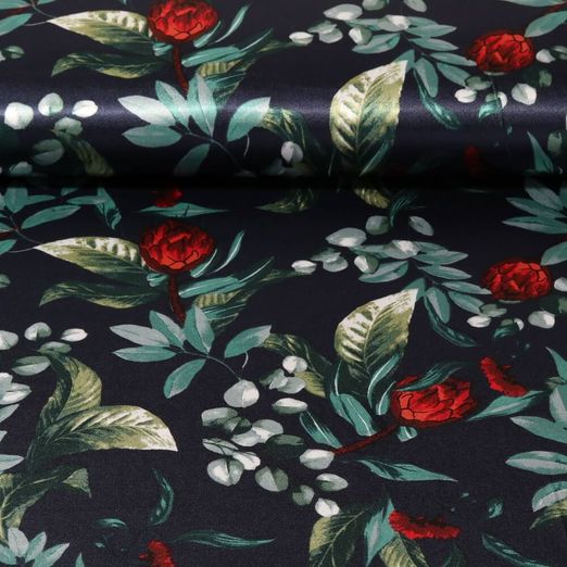 Tissu mode - Satin Feuilles et Fleurs Bleu nuit