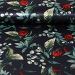 Tissu mode - Satin Feuilles et Fleurs Bleu nuit