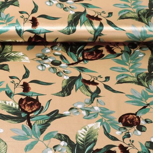 Tissu mode - Satin Feuilles et Fleurs Doré