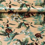 Tissu mode - Satin Feuilles et Fleurs Doré