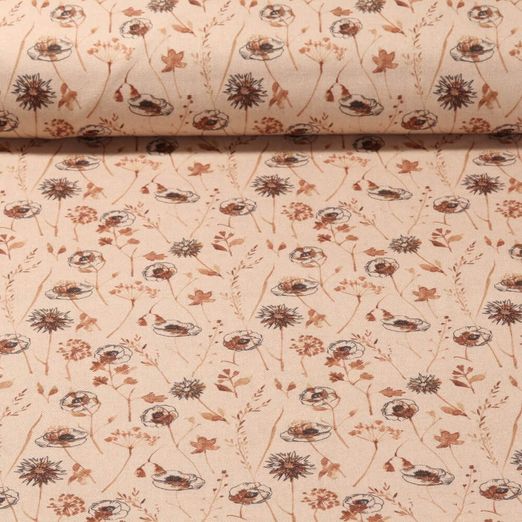 Nachhaltiger Toile de coton - Impression digitale Fleurs et gazon Effet lin Sable