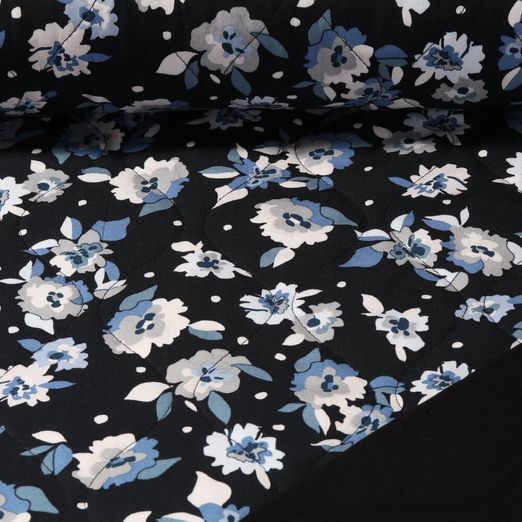 Gesteppter Jackenstoff - Viskose Blumen Schwarz Blau 