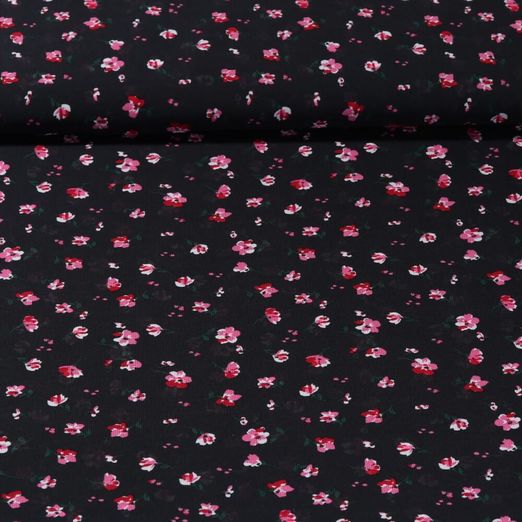 Tissu voile chiffon - Fleurs Noir Rose vif