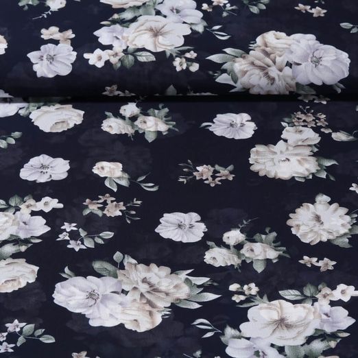 Tissu voile chiffon - Roses Bleu marine foncé