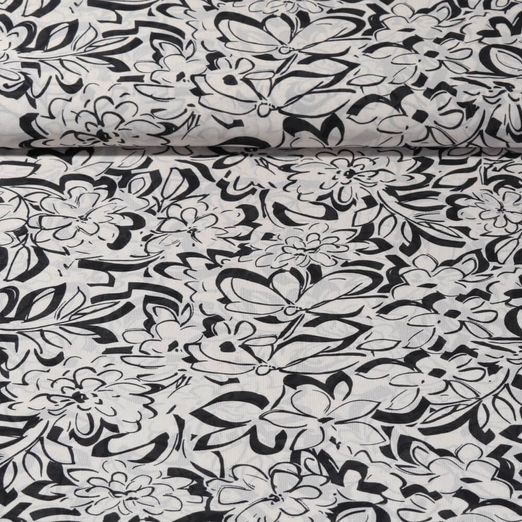 Tissu voile chiffon - Fleurs Ecru Noir