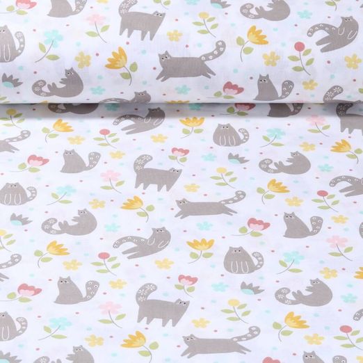 Tissu coton - Fleurs et chats Blanc