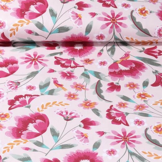 Toile de coton - Sergé Fleurs Rose Rose vif
