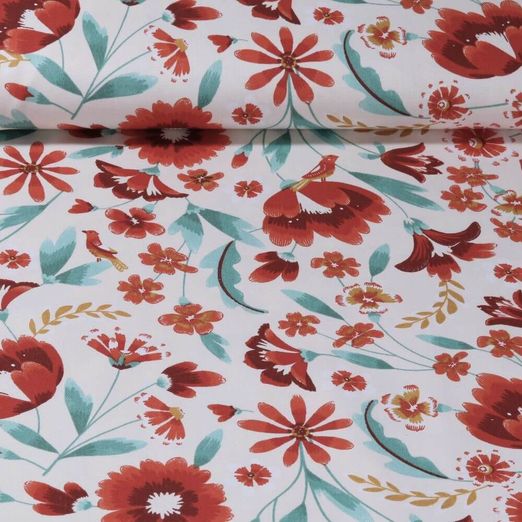 Baumwoll Canvas - Köper Blumen Ecru Rot