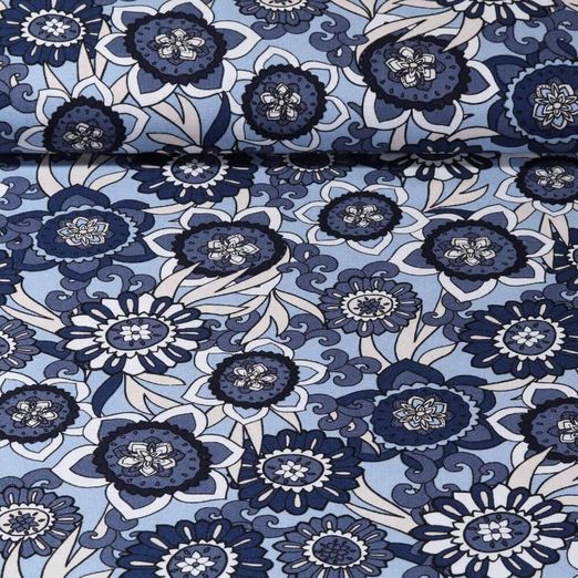 Viskoseleinen - Blumen Retro Jeansblau