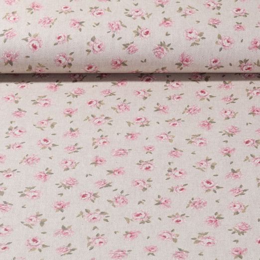 Toile canevas enduite - Aspect lin Petites roses Beige