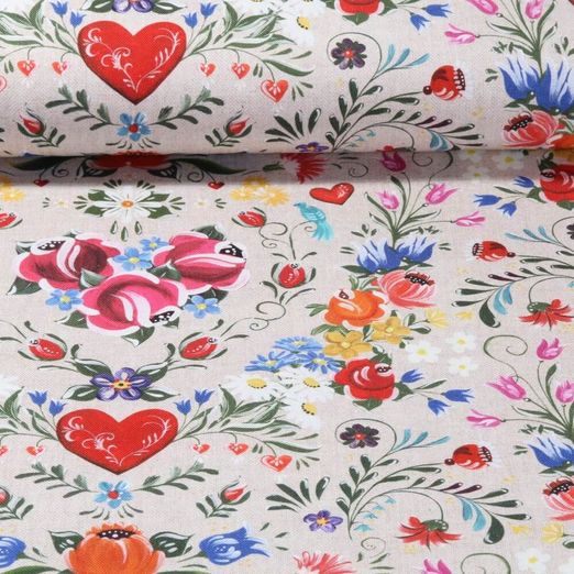 Toile de coton - Impression digitale Folklore Effet lin Beige
