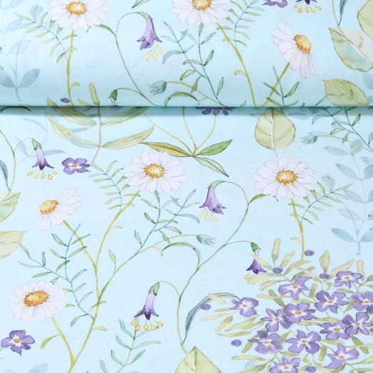 Popeline de coton - Fleurs d'été Bleu clair