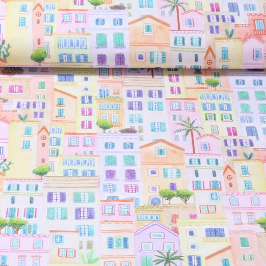 Popeline de coton - Maisons colorées Multicolore