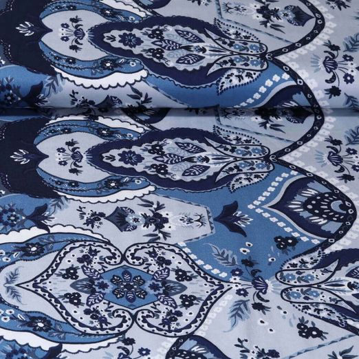 Viscose satin - Décors Paisley sur une face Bleu