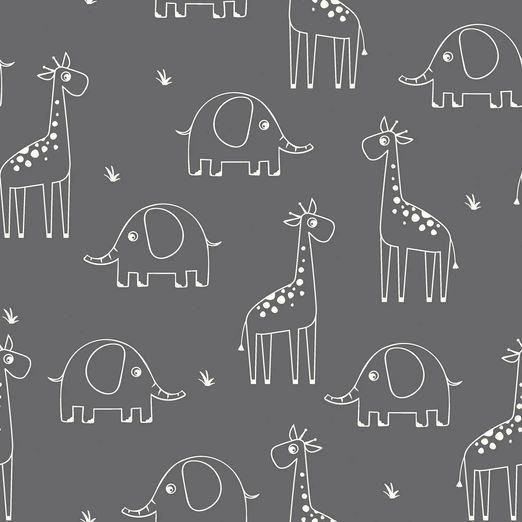 Baumwolle Musselin - Elefant und Giraffe auf Taupe Baumwolle Musselin - Elefant und Giraffe auf Taupe