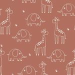 Baumwolle Musselin - Elefant und Giraffe auf Rosenholz Baumwolle Musselin - Elefant und Giraffe auf Rosenholz