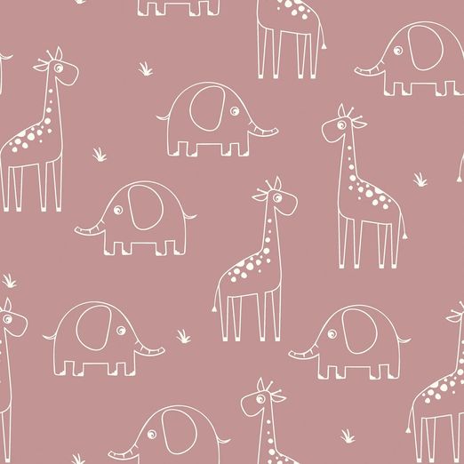 Baumwolle Musselin - Elefant und Giraffe auf Hellmauve Baumwolle Musselin - Elefant und Giraffe auf Hellmauve