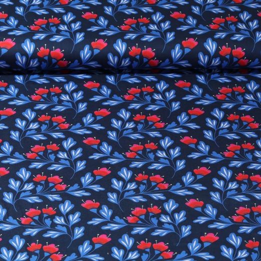Coton bio - Satin Hamburger Liebe Impression digitale Bling Bling Blue Bell Bleu marine foncé