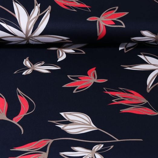 Coton - Satin Stretch Feuilles et fleurs Bleu marine foncé