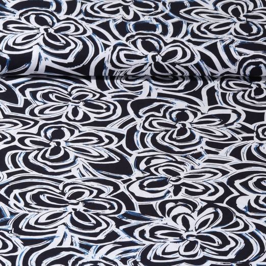 Popeline de viscose - Fleurs Bleu marine foncé