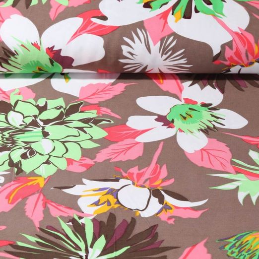Viscose - Twill Stone Lavé Fleurs Taupe