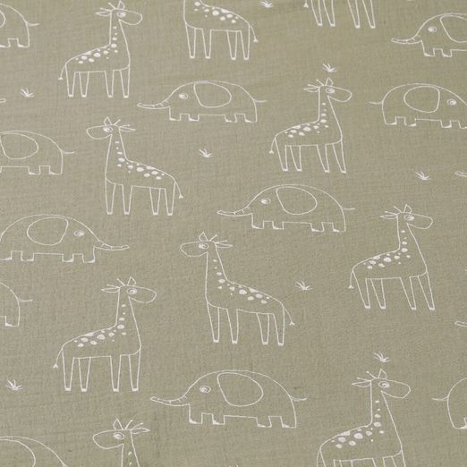 Baumwolle Musselin - Elefant und Giraffe auf Oliv