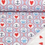 Tissu matelassé - Babystepp double face Hippopotame et coeurs Bleu Rouge