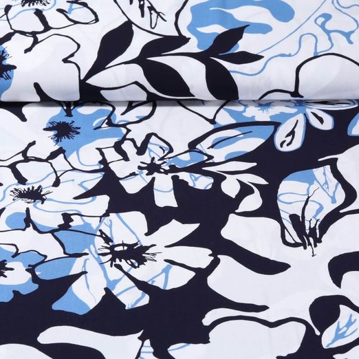 Viskose Popeline - Große Blätter Und Blüten Weiß Jeansblau