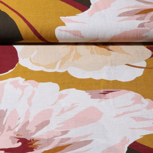Twill de viscose - Grosses fleurs Multicolore Ocre