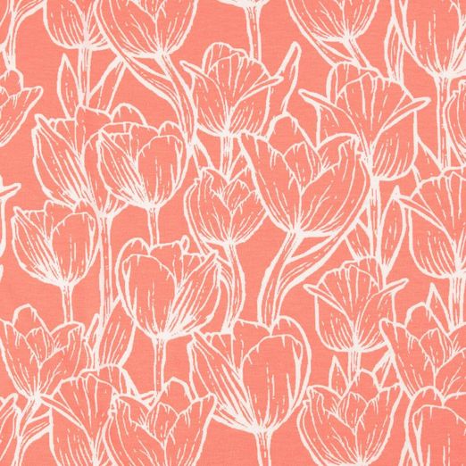 Viskosejersey Tulpen auf Koralle Viskosejersey Tulpen auf Koralle