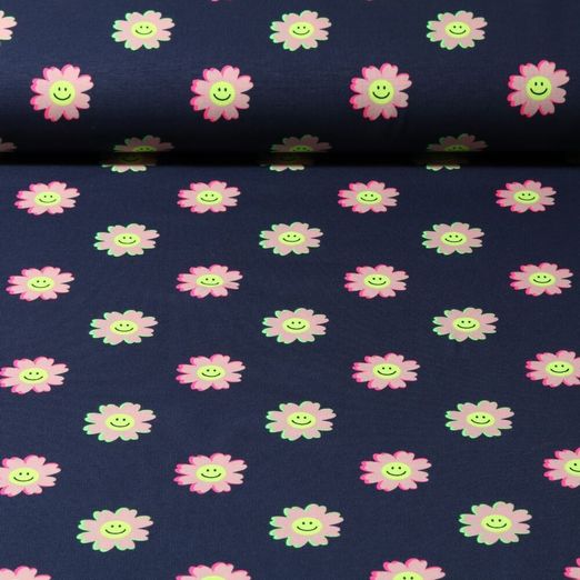 Jersey - Fleurs amusantes Bleu marine foncé Fluo