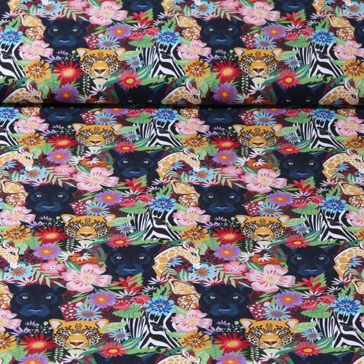 Popeline de coton - Fleurs et animaux de safari Multicolore