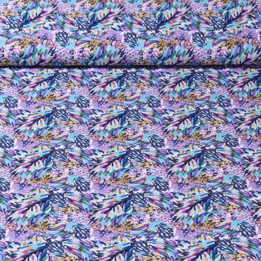 Popeline de coton - Feuilles et fleurs multicolores Violet