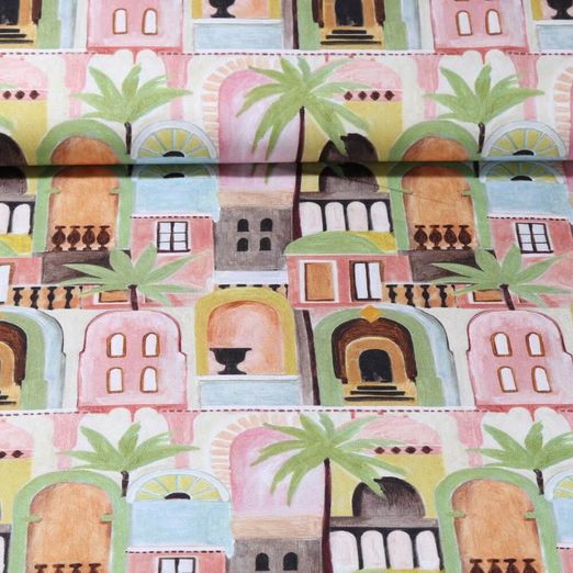 Toile de coton canevas - Impression digitale Ville tropicale Beige