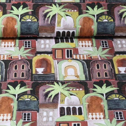 Toile de coton canevas - Impression digitale Ville tropicale Noir