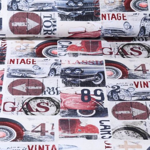 Toile de coton canevas - Impression digitale Oldtimer Beige Rouge