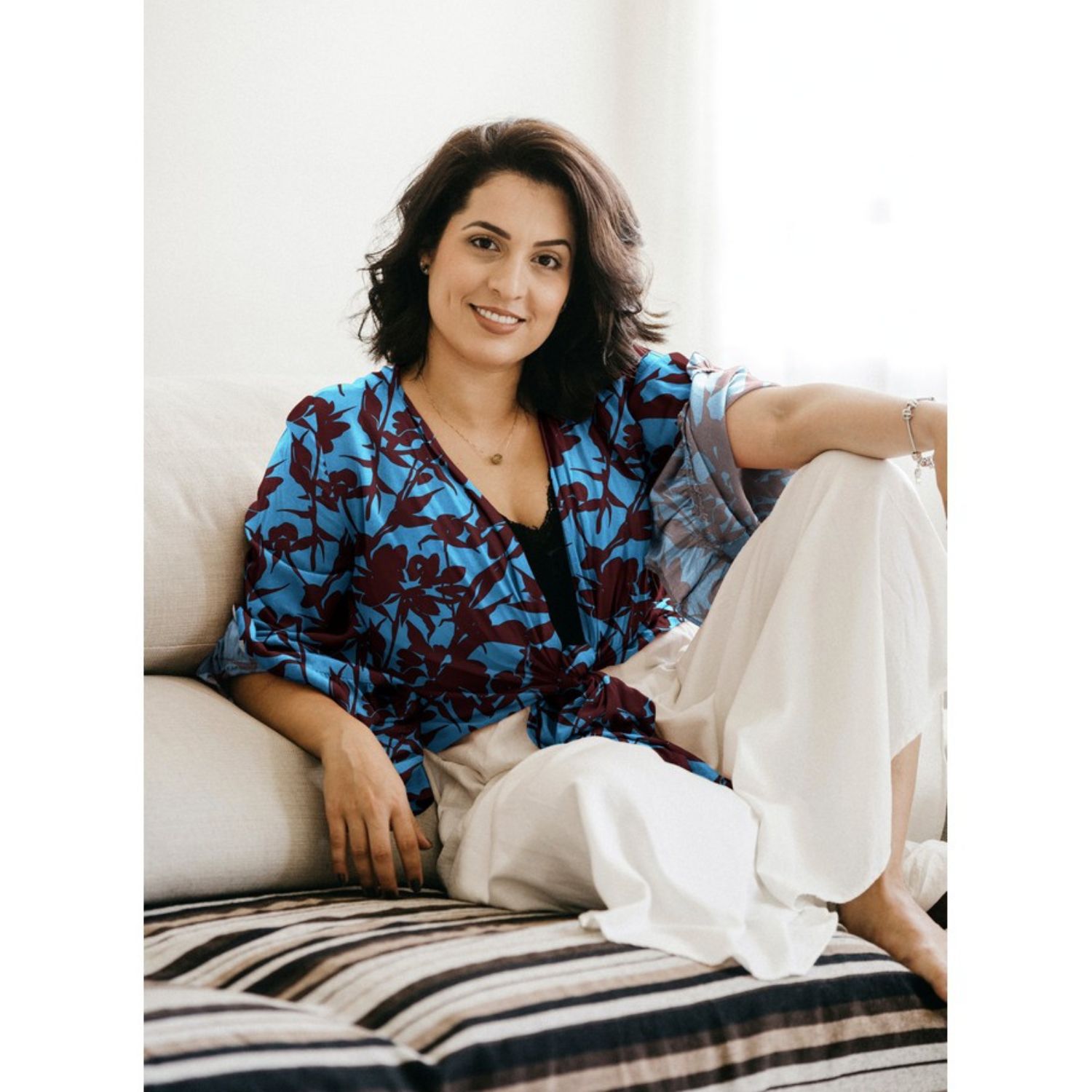 Tissu pour blouses et robes - Stretch Fleurs et tiges Bleu Marron-1 Tissu pour blouses et robes - Stretch Fleurs et tiges Bleu Marron-1