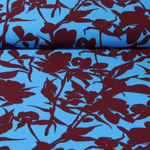 Tissu pour blouses et robes - Stretch Fleurs et tiges Bleu Marron