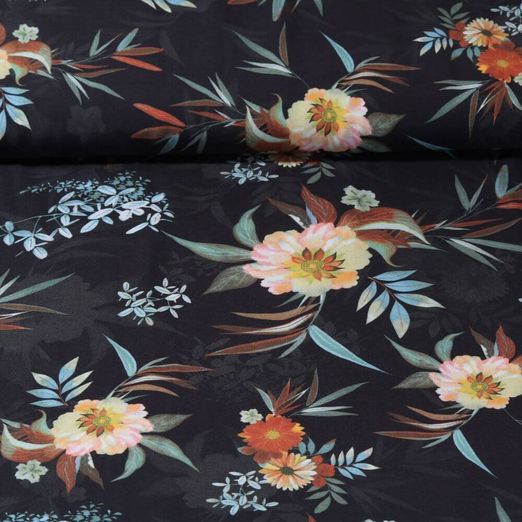 Viscose - Impression digitale Feuilles et fleurs Noir