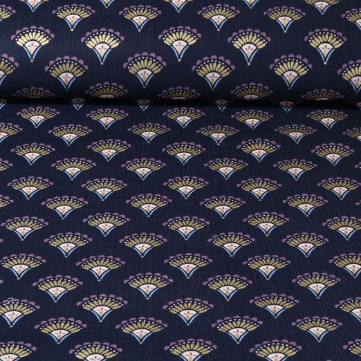 Velours côtelé Babycord / milleraies - Eventails Boho Bleu marine foncé Doré