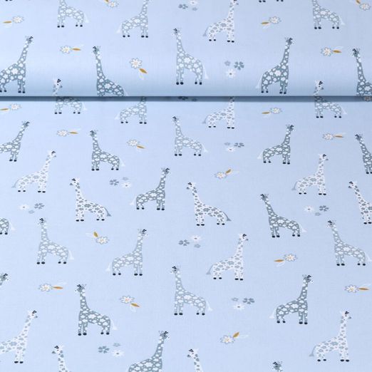 Baumwoll-Popeline - Giraffen Und Blümchen Hellblau