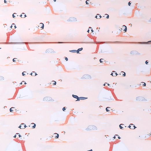 Baumwoll-Webware - Eisbär und Pinguin Rosa