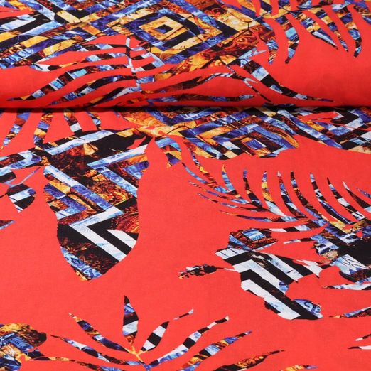 Viscose - Impression digitale Branches de palmiers Rouge