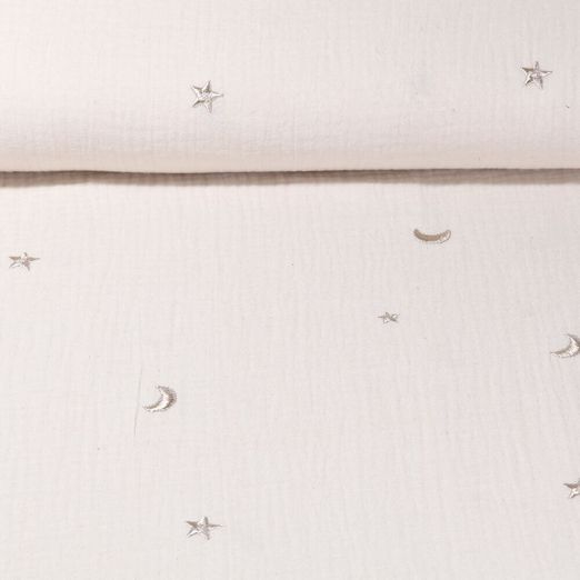 Mousseline de coton - Etoiles et lunes brodées Naturel